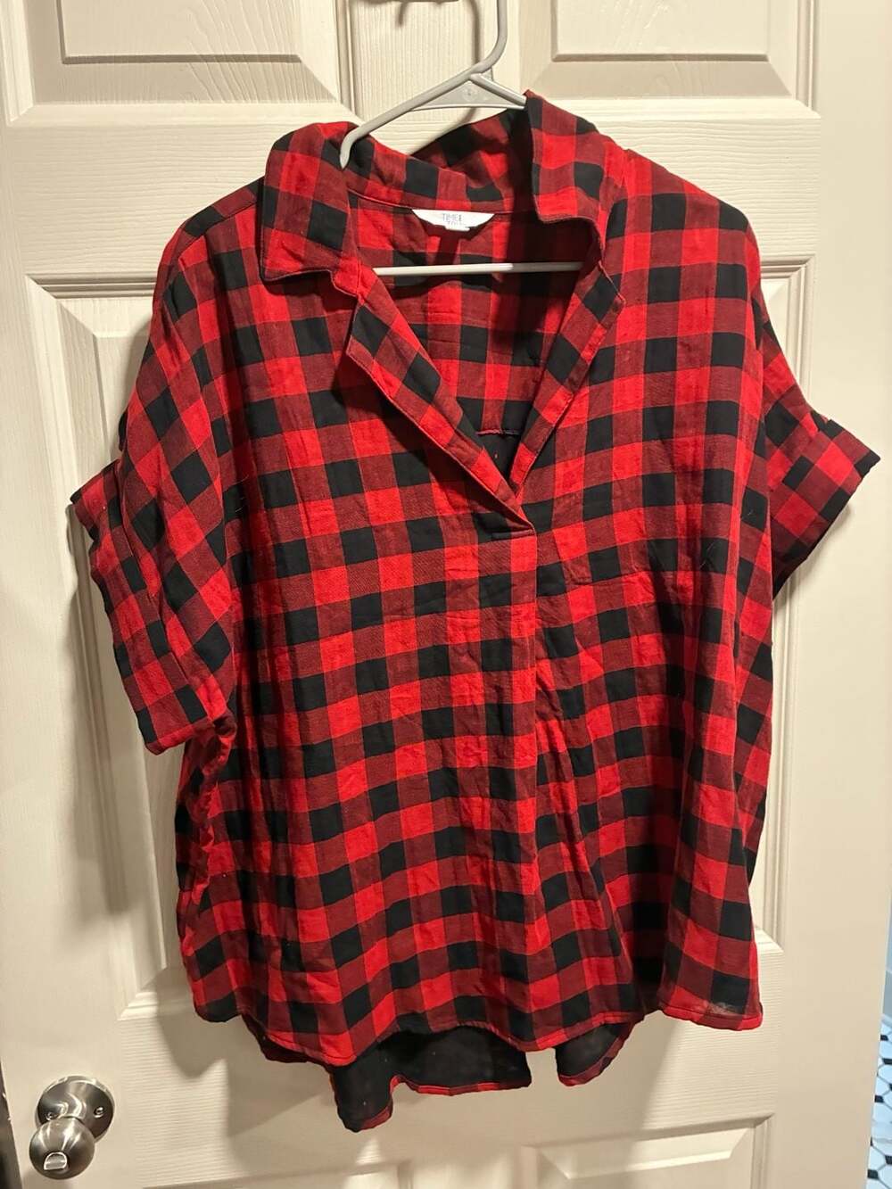 Time and Tru Roll Sleeve Popover Size XL Red Black Buffalo Check Plaid